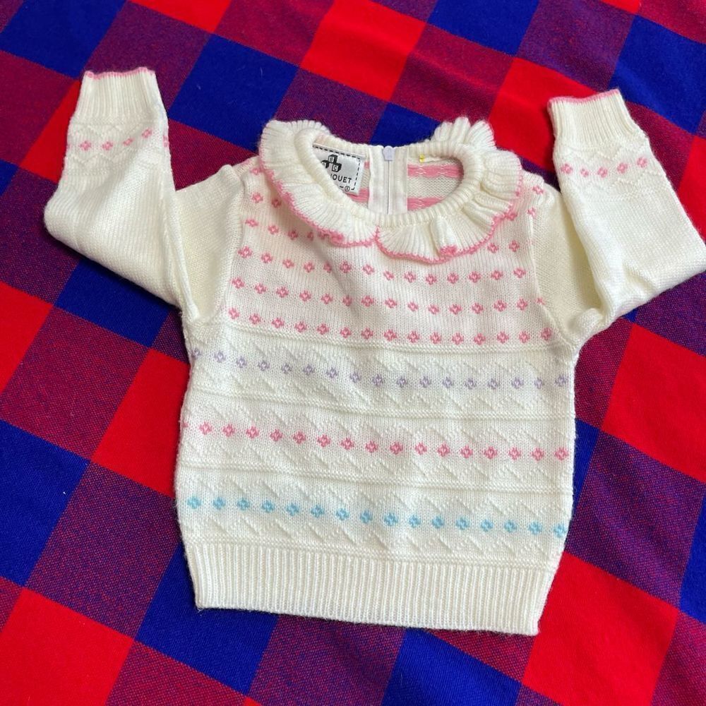 Petit Jouet VTG White Pink Blue Purple Flower Sweater Toddler See Measurements
